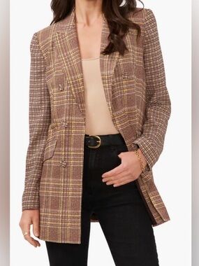 Vince Camuto Brown Plaid Double-Breasted Blazer